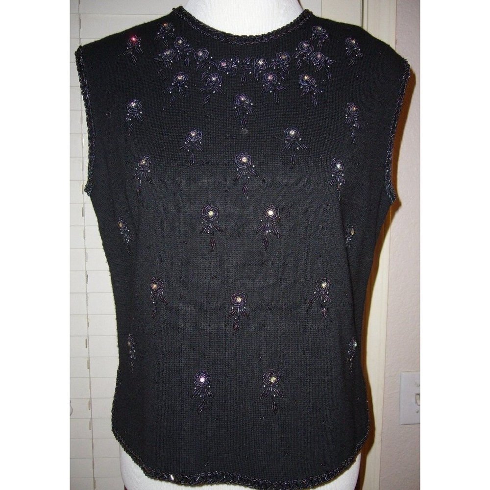 Palio Sleeveless Floral Beaded Sweater Black Knit Fully Lined Back Zip See Descr